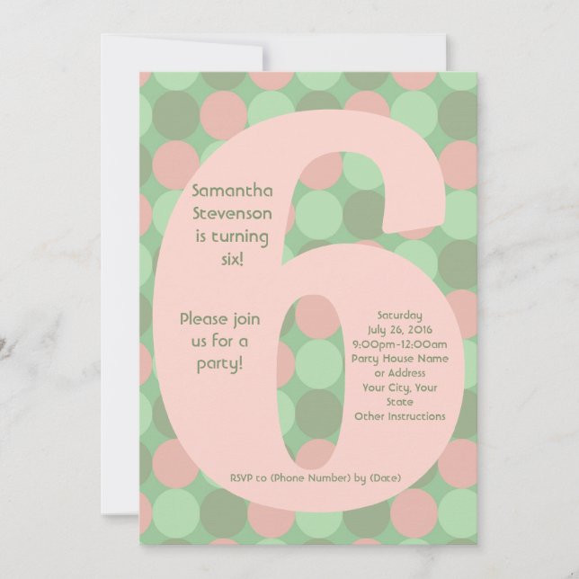 Big Number 6 Girl's 6e Födelsedagsfest Inbjudningar (Framsida)