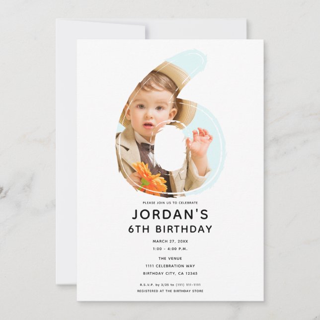 Big Number 6 SIX Photo Sjätte 6e-Födelsedagsfesten Inbjudningar (Framsida)