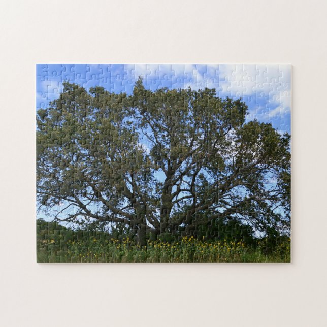 Big Oak Träd Meadow and SunarbetarPuzzle Pussel (Horisontell)