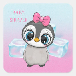 Big Öga Cute Penguin med Rosa Bow Baby Shower Fyrkantigt Klistermärke