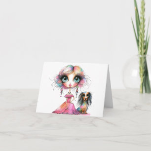 Big Ögon Whimsical Dachshund and Girl Card Kort