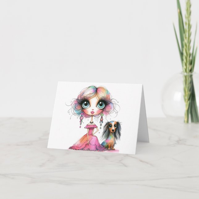Big Ögon Whimsical Dachshund and Girl Card Kort (Framsida)