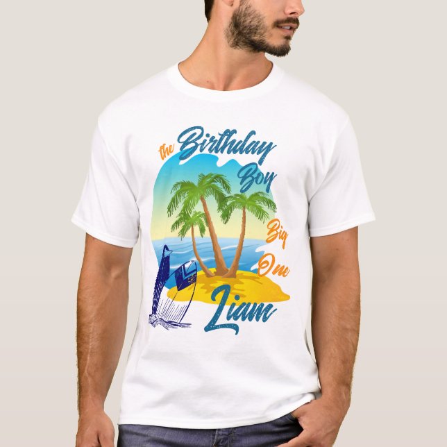 Big One Birthday Boy Beach Theme Personalized Name T Shirt (Framsida)