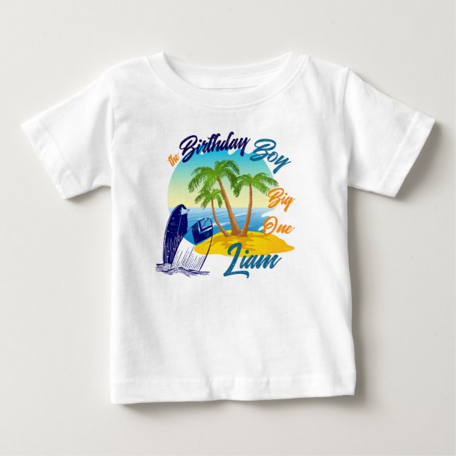 Big One Birthday Boy Beach Theme Personlig Namn T Shirt (Framsida)
