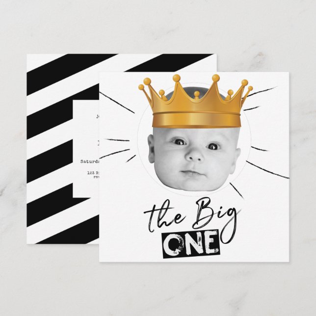 Big One First Birthday Photo Black White Inbjudningar (Fram/baksida)