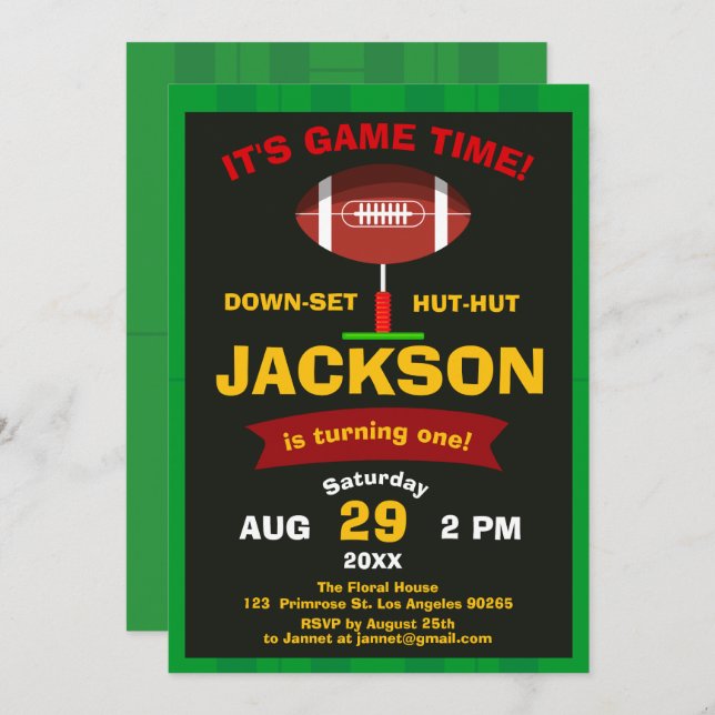 Big One Football Fält-idrotten spelade Boy Birthda Inbjudningar (Fram/baksida)