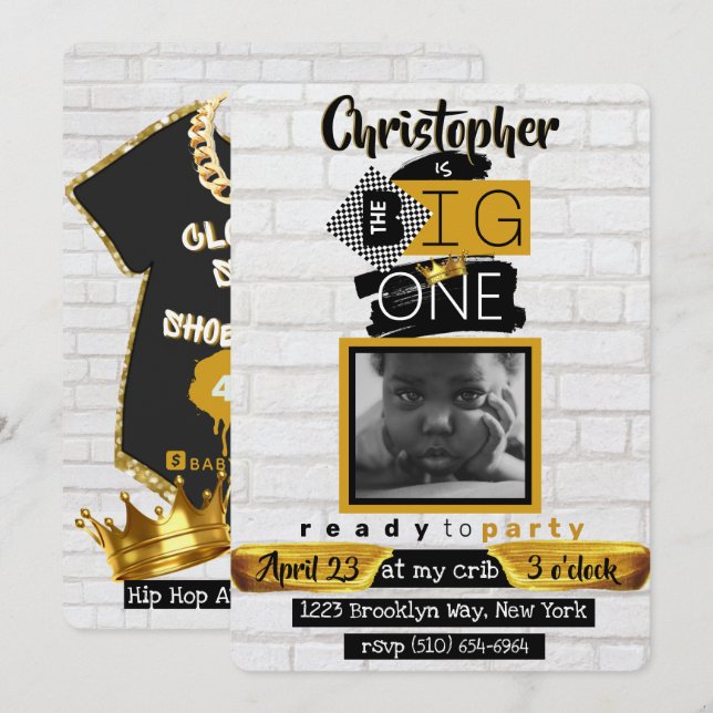 BIG One| Hip hop Retro 1:a födelsedagsfoto Inbjudningar (Fram/baksida)