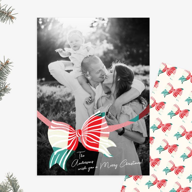 Big One Photo Grönt och Red Play Tied with Bow Julkort (Skapare uppladdad)