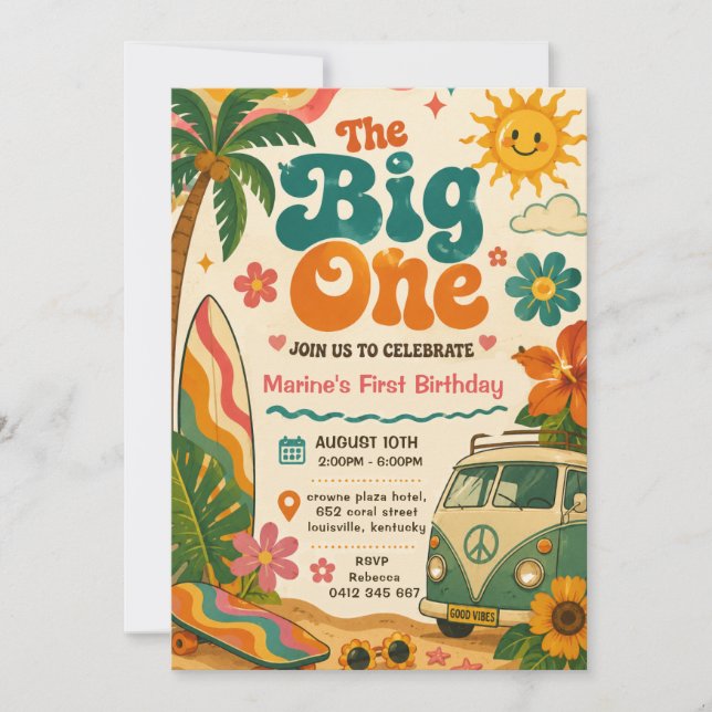 Big One Retro Surf Första Födelsedagsfest Inbjudningar (Framsida)