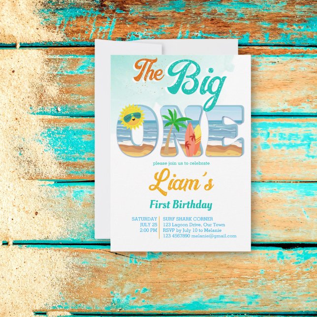 Big One surfande strand sommarfödelsedag Inbjudningar (The Big One Surfing beach first birthday party invitation template instant download surf boards sun)