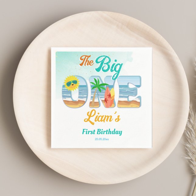 Big One Surfing-strand Sommarfödelsedagskalender Pappersservett (Big One surfing beach summer first birthday party personalized tableware monogram printed Napkins)