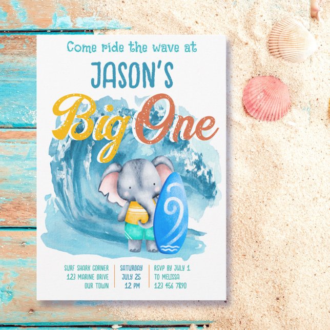 Big One surfstrand 1:a födelsedag party e;elefant Inbjudningar (Skapare uppladdad)