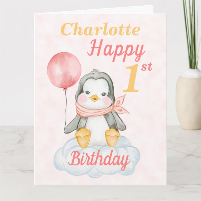 Big Penguin Lycklig 1:a födelsedagskortet Rosa Kort (Framsida)