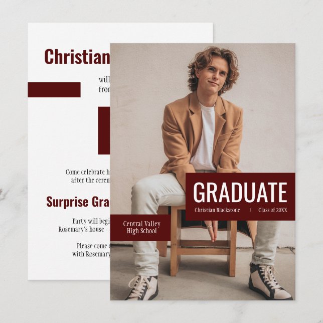 Big Photo med block Maroon Studenten Inbjudningar (Fram/baksida)