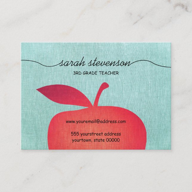 Big Red Apple Chalkboard School Teacher Linen look Visitkort (Framsida)