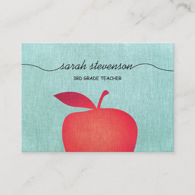 Big Red Apple Chalkboard School Teacher Linen look Visitkort (Framsida)