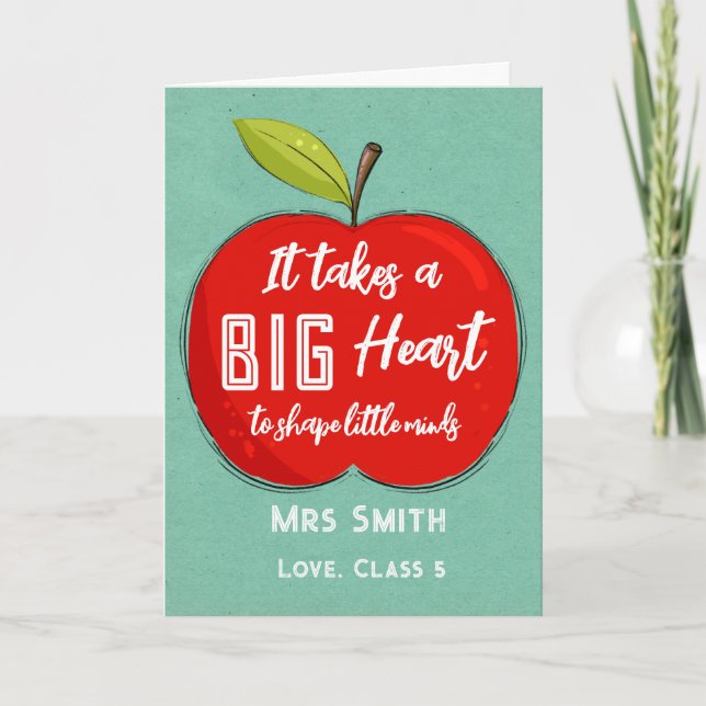 Big RED apple it takes a big heart teacher card Tack Kort (Framsida)