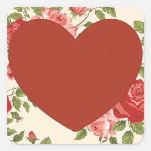 Big Red Heart and Flowers Background Square Sticke Fyrkantigt Klistermärke