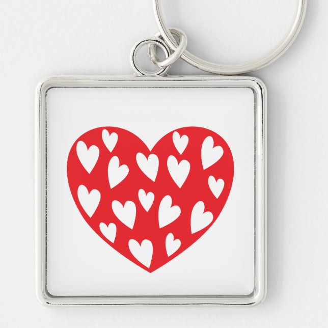 Big Red Heart Keychain Fyrkantig Silverfärgad Nyckelring (Framsidan)