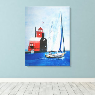 Big Red Michigan Lighthouse och Sailboat Canvastryck