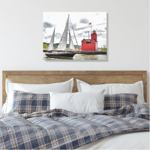 Big Red Michigan Lighthouse och Sailboat Canvastryck