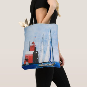 Big Red Michigan Lighthouse och Sailboat Painting Tygkasse