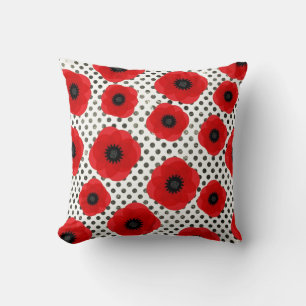 Big Red Poppy Flowers on Black and White Polka Dot Kudde