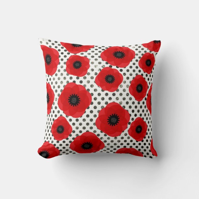 Big Red Poppy Flowers on Black and White Polka Dot Kudde (Framsida)