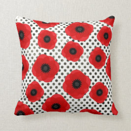 Big Red Poppy Flowers on Black and White Polka Dot Kudde