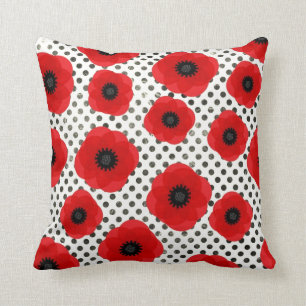 Big Red Poppy Flowers on Black and White Polka Dot Kudde