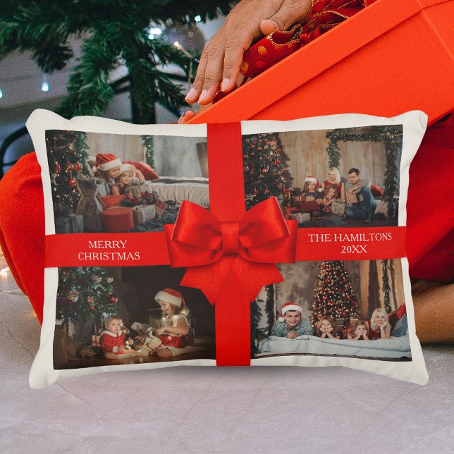 Big Red Ribbon Christmas Custom 4 Photo Decorative Prydnadskudde (Big Red Ribbon Christmas Custom 4 Photo Decorative Accent Pillow
)
