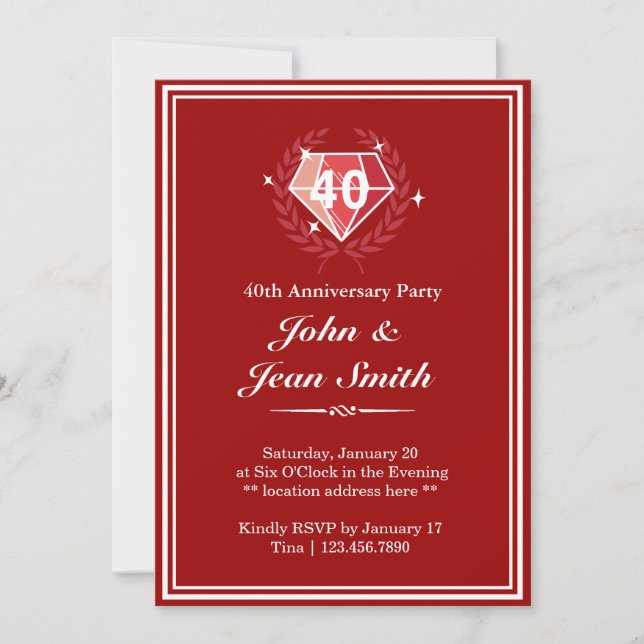 Big Red Ruby Gems 40-årsjubileumspartaj Inviterar Inbjudningar (Framsida)