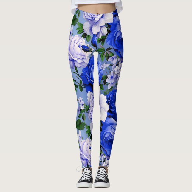 Big Retro Blue Ro Flower Leggings (Framsida)