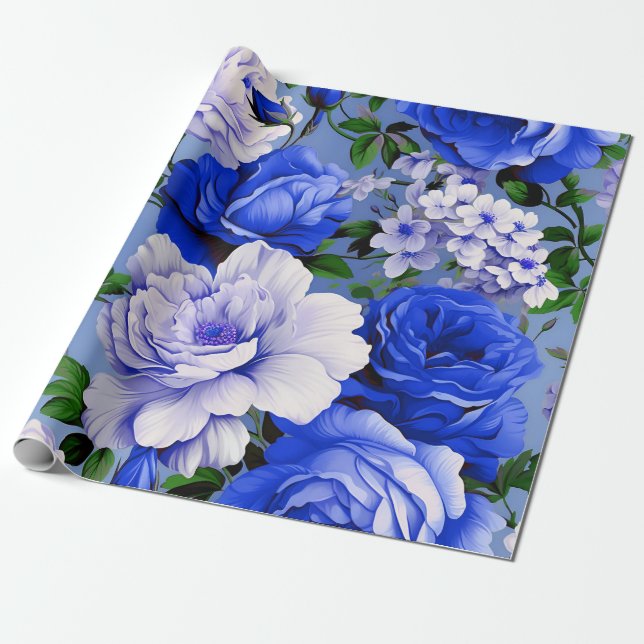 Big Retro Blue Ro Flower Presentpapper (Utrullad)