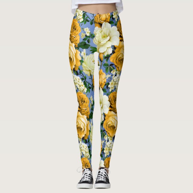 Big Retro Gul ros Flower Leggings (Framsida)