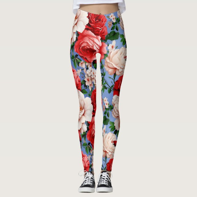 Big Retro Röd ros Flowers Leggings (Framsida)