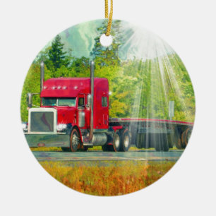 Big Rig Red Lastbil Heavy Transport Fordon Julgransprydnad Keramik