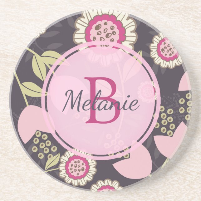 Big Rosa Blommigt Tulip Mönster Monogram Underlägg (Framsidan)