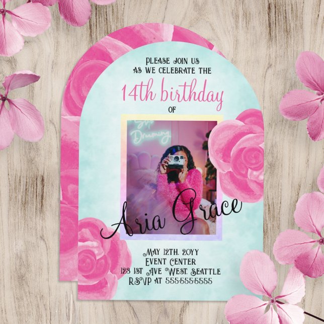 Big Rosa ros, Turquise Födelsedagsfest Inbjudningar (turquoise and hot pink rose birthday party invitation for teen girl, young woman. Cute photo invite.)