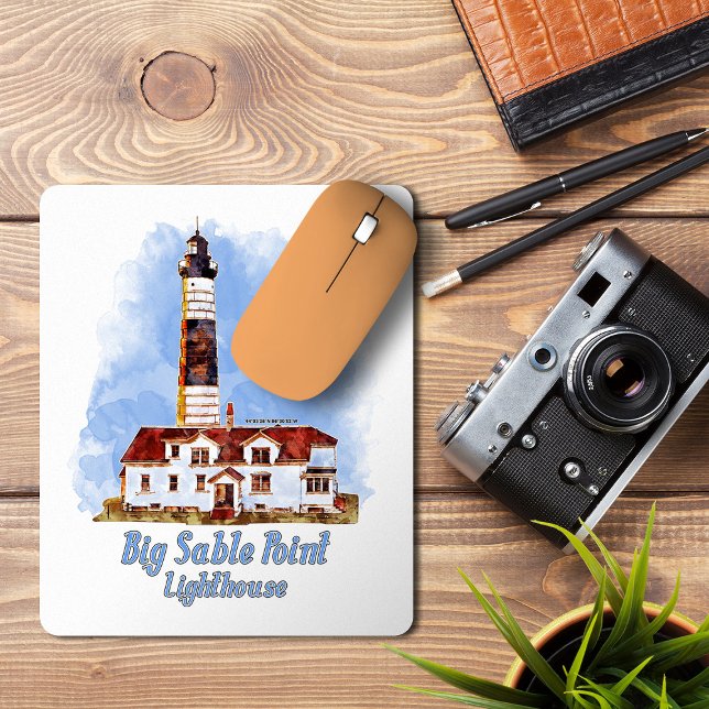 Big Sable Point fyr Vattenfärg - Michigan Musmatta (Big Sable Point Lighthouse Watercolor - Michigan. Mouse Pad)