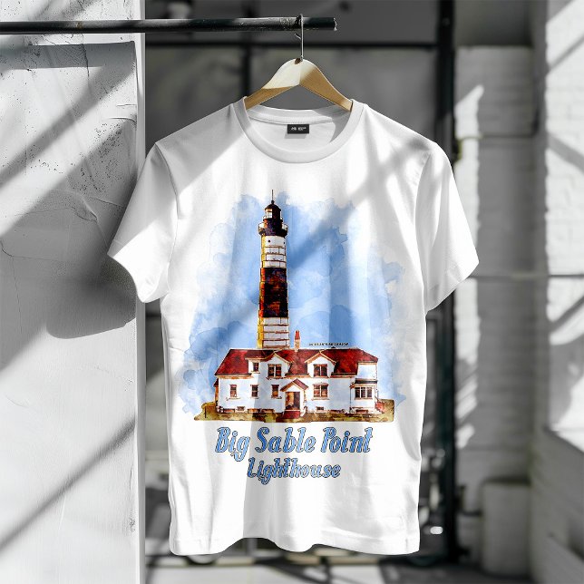 Big Sable Point fyr Vattenfärg - Michigan T Shirt (Big Sable Point Lighthouse Watercolor - Michigan. Men Basic White T-Shirt)