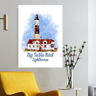 Big Sable Point Lighthouse Watercolor - Michigan Fototryck