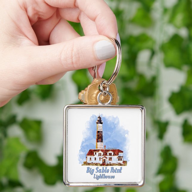 Big Sable Point Lighthouse Watercolor - Michigan Fyrkantig Silverfärgad Nyckelring (Big Sable Point Lighthouse Watercolor - Michigan. Keychain)