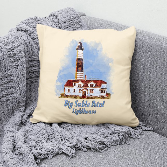 Big Sable Point Lighthouse Watercolor - Michigan Kudde (Big Sable Point Lighthouse Watercolor - Michigan. Throw Pillow)