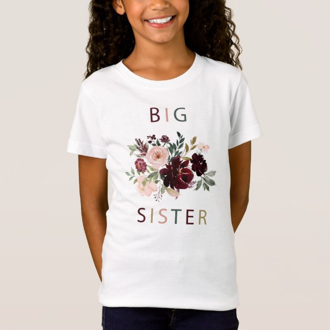 Big Sister Burgundy Blommigt Watercolor Shirt 2 T Shirt (Framsida)