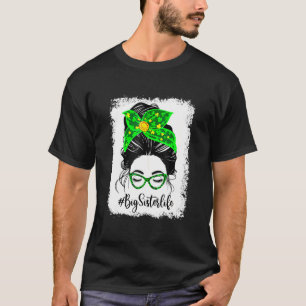 Big Sister C Messy Bun Leopard Shamrock Patricks T Shirt