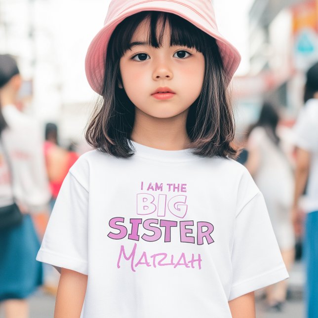 Big Sister Cute Girl Personlig Rosa Anpassningsbar T Shirt (I am the big sister personalized pink Girl's T shirt.)