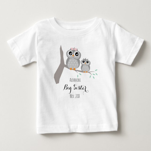 Big sister cute owls name and date t shirt (Framsida)