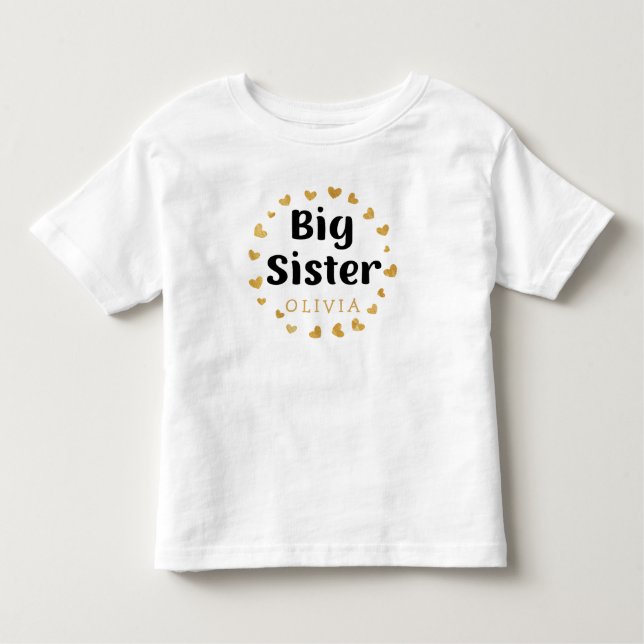 Big Sister-eget namn med guld-hjärtan T Shirt (Framsida)