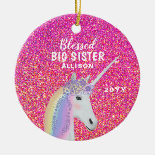 Big Sister Rosa Glitter Unicorn Personlig Julgransprydnad Keramik
